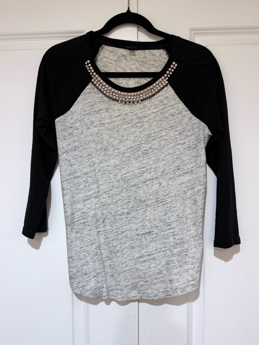 J. Crew Black & Heather Gray Baseball Top with Jewel Embellished Neckline